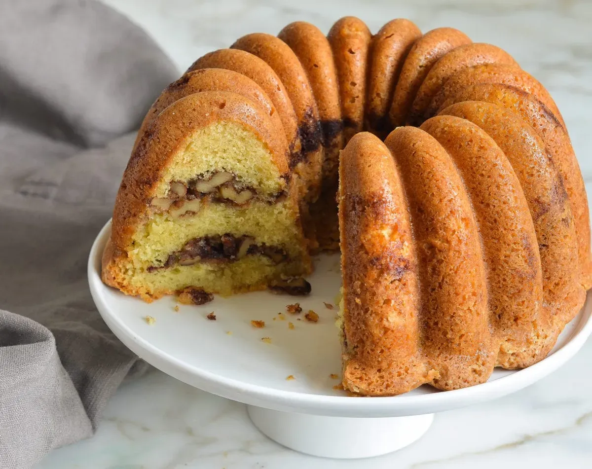 Perfect sour cream coffee cake with cinnamon walnut swirl